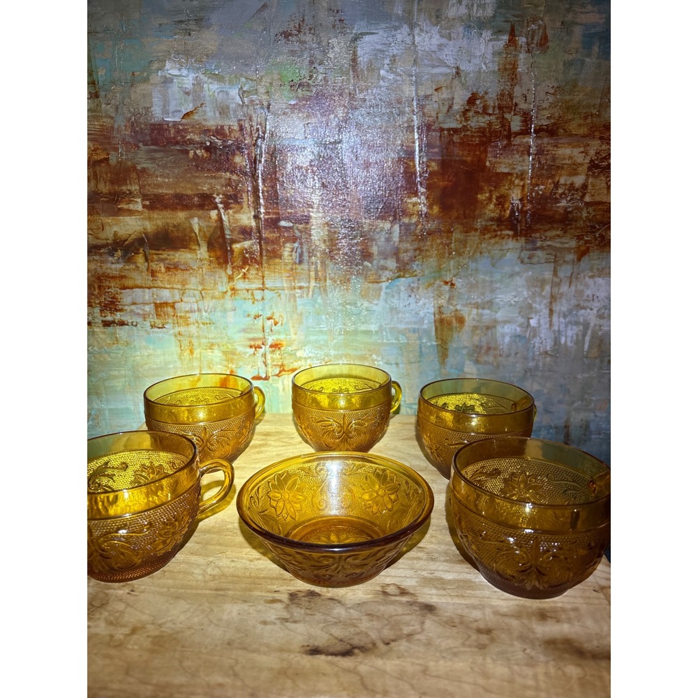 Indiana Glass‎ Tiara Sandwich Amber Tea Cups and Bowl Set Vintage 6 Piece Honey